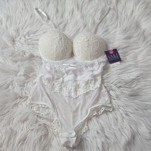Saki Silver Lace Bodysuit White Sz M